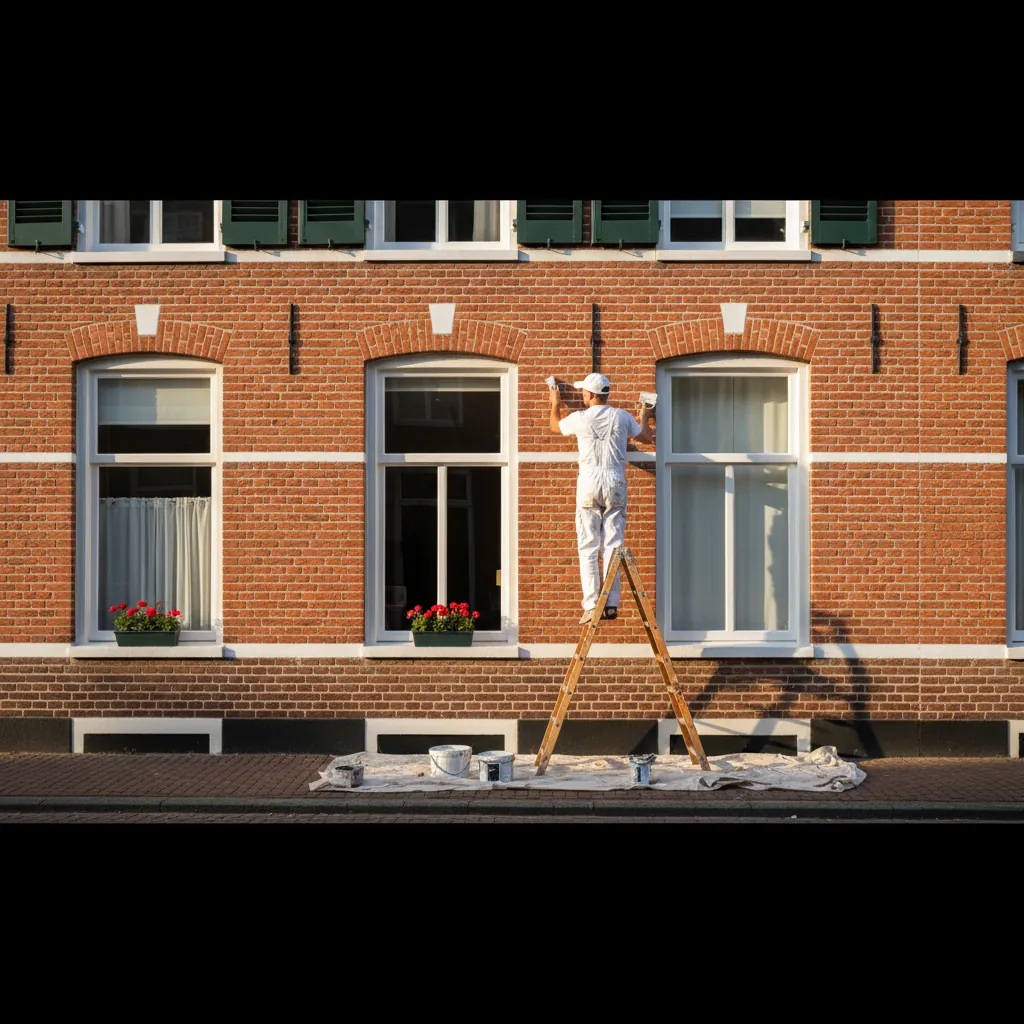 Schilder Leen Meurs aan het werk op een woning in Zoetermeer
